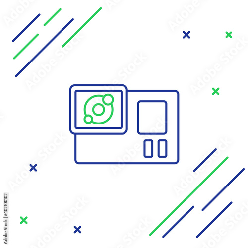 Line Action extreme camera icon isolated on white background. Video camera equipment for filming extreme sports. Colorful outline concept. Vector.