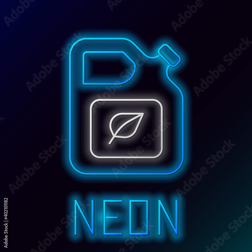 Glowing neon line Bio fuel canister icon isolated on black background. Eco bio and barrel. Green environment and recycle. Colorful outline concept. Vector.