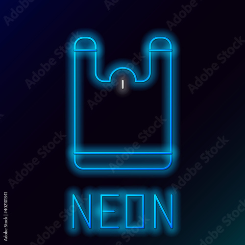 Glowing neon line Plastic bag icon isolated on black background. Disposable cellophane and polythene package prohibition sign. Colorful outline concept. Vector.