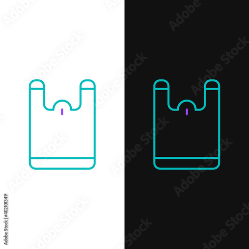 Line Plastic bag icon isolated on white and black background. Disposable cellophane and polythene package prohibition sign. Colorful outline concept. Vector.