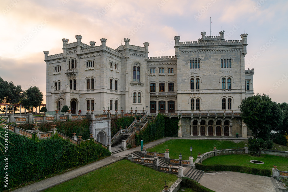 Miramare castle with gardens on the gulf of Trieste, northeastern Italy,  built by Austrian Archduke Maximilian in 19th century