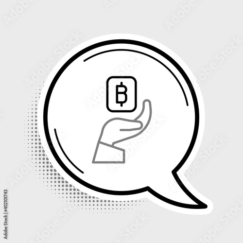 Line Hand holding Bitcoin icon isolated on grey background. Blockchain technology, digital money market, cryptocoin wallet. Colorful outline concept. Vector.