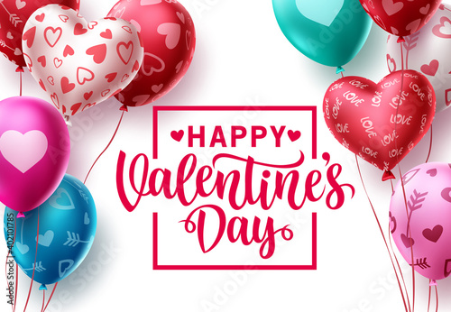 Happy valentines day balloon vector template design. Valentine balloons with greeting text and colorful hearts and pattern elements in white space background. Vector illustration.