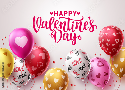 Happy valentine's day balloons vector design. Valentines greeting text typography with colorful birthday balloon elements and heart patterns in white background. Vector illustration. 
