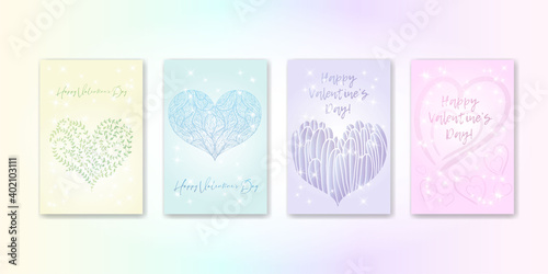set valentine's day greeting card banner invitation flyer brochure. pastel color delicate cute feminine style. heart shape and minimalist fashion lettering
