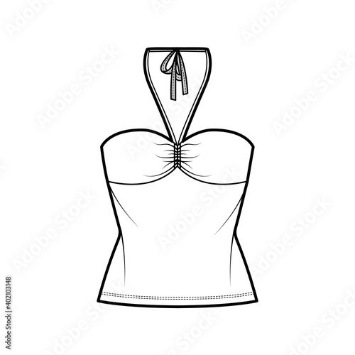 Top bandeau neck halter tank cotton-jersey technical fashion illustration with thin tieback, slim fit, bow, tunic length. Flat outwear template front, white color. Women men unisex CAD mockup