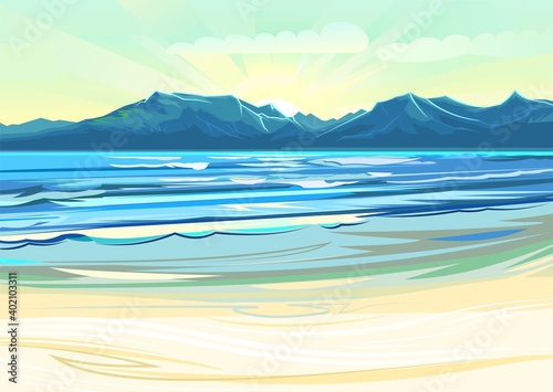 Seaside. Surf line. Sea and waves. On the horizon there is a rocky shore. Flat style illustration. Sand beach. Vector