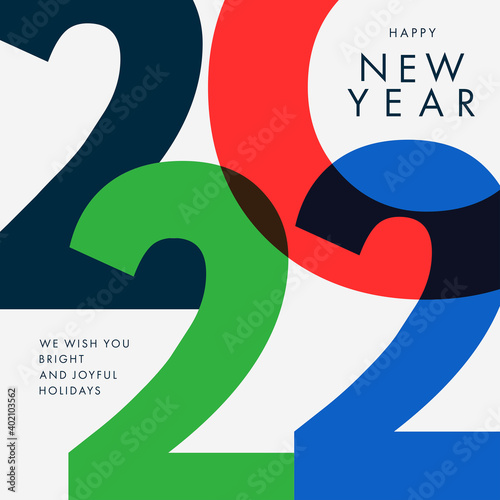 Creative concept of 2022 Happy New Year. Design template with typography logo 2022 for celebration and season decoration. Minimalistic trendy background for branding, banner, cover, calendar, card
