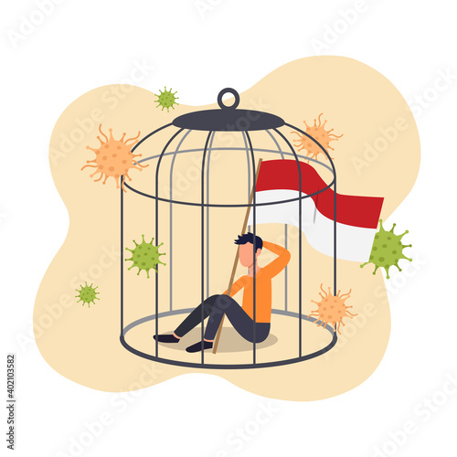 Man holding Indonesian flag locked in a bird cage concept. Indonesia lock down to anticipate new strain of corona virus mutation. Flat vector design.