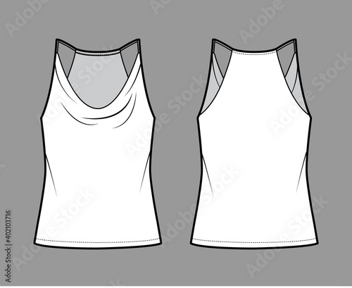 Tank low cowl Crop Camisole technical fashion illustration with thin adjustable straps, oversized, waist length. Flat outwear top template front, back, white color. Women men unisex CAD mockup