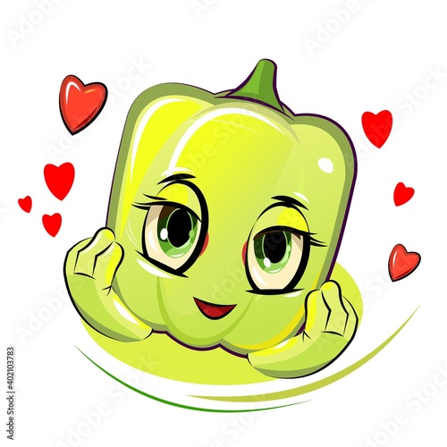 Bell pepper  cheerful smile. Juicy red vegetable with a muzzle. Cartoon style. Isolated over white background. Vector illustration.