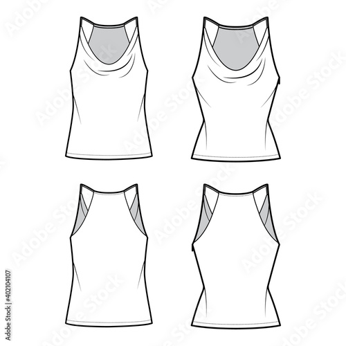 Set of Tanks low cowl Crop Camisoles technical fashion illustration with thin adjustable straps, slim, oversized fit, waist length. Flat outwear top template front, back, white color. Women CAD mockup