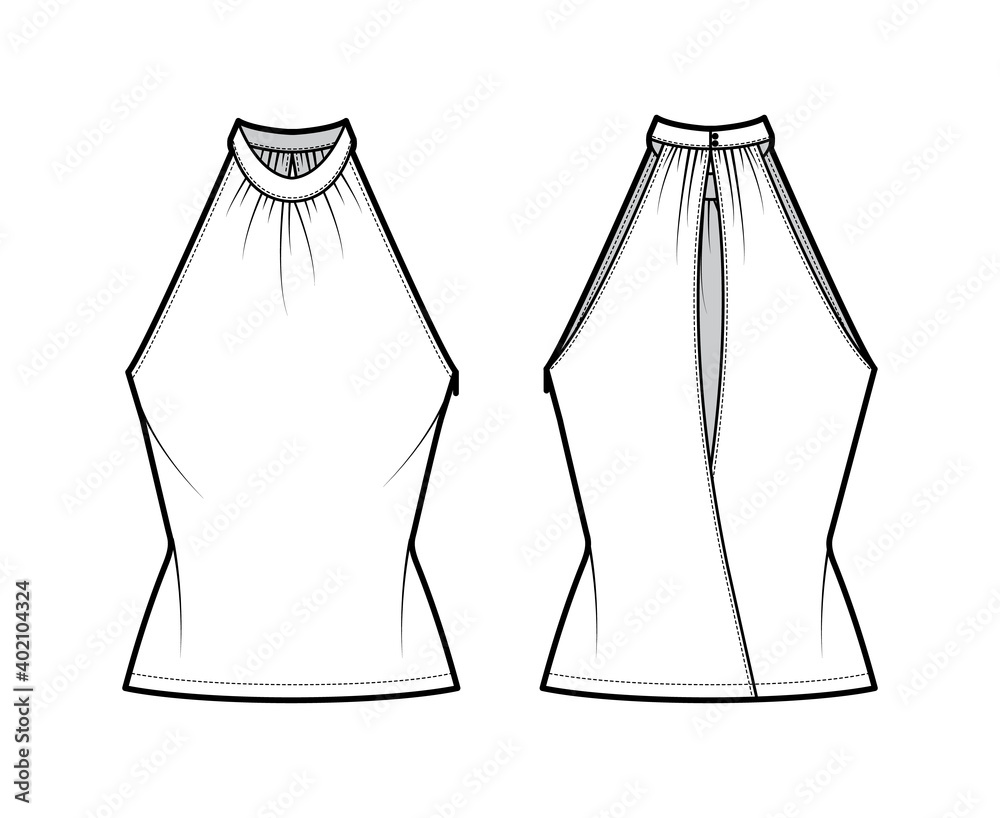 Top banded high neck halter tank technical fashion illustration with wrap, slim fit, tunic length. Flat apparel outwear template front, back, white color. Women men unisex CAD mockup