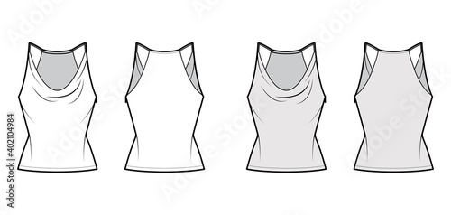 Tank low cowl Camisole technical fashion illustration with thin adjustable straps, slim fit, tunic length. Flat apparel outwear top template front, back, white, grey color. Women men unisex CAD mockup
