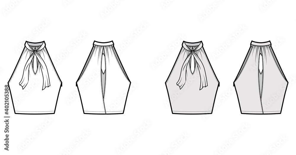 Top crop V-neck halter tank technical fashion illustration with tie, wrap, slim fit, bow, waist length. Flat outwear template front, back, white, grey color. Women men unisex CAD mockup Top crop V-neck halter tank technical fashion illustration with tie, wrap, slim fit, bow, waist length. Flat outwear template front, back, white, grey color. Women men unisex CAD mockup