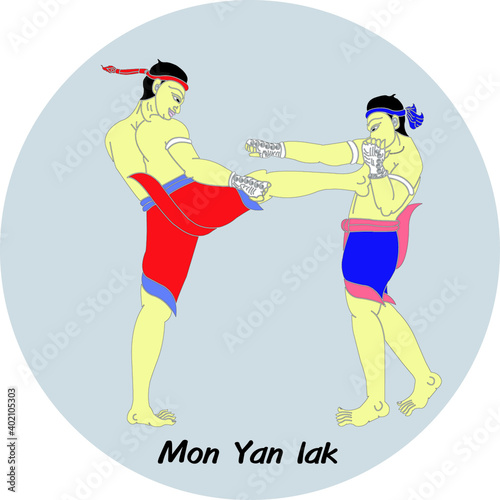 The Thai Art of Boxing, A Thai Heritage, Major Thai-style boxing winning card : 15 styles.
 1 of 15 styles of  Mae Mai Muay Thai.This style is called Mon peaple lean the post.
(Mon Yan Lak)