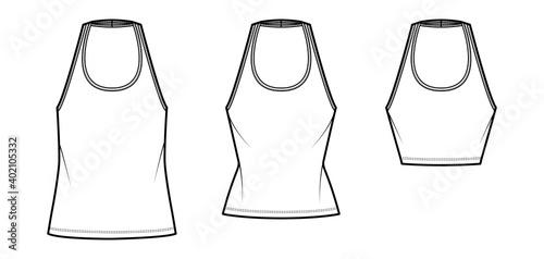 Set of Tanks halter scoop neck tops technical fashion illustration with slim, oversized fit, waist, crop length. Flat apparel outwear template front, white color. Women men unisex CAD mockup