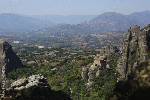 Meteora greece monastery landscape  orthodox monastery in the mountains  christianity  faith view