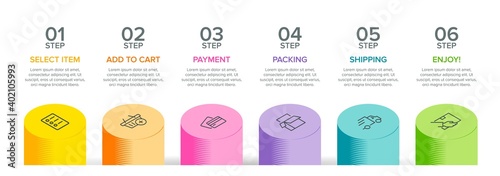 Concept of shopping process with 6 successive steps. Six colorful graphic elements. Timeline design for brochure, presentation, web site. Infographic design layout.