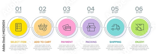 Concept of shopping process with 6 successive steps. Six colorful graphic elements. Timeline design for brochure, presentation, web site. Infographic design layout.