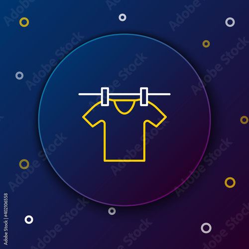 Line Drying clothes icon isolated on blue background. Clean shirt. Wash clothes on a rope with clothespins. Clothing care and tidiness. Colorful outline concept. Vector.