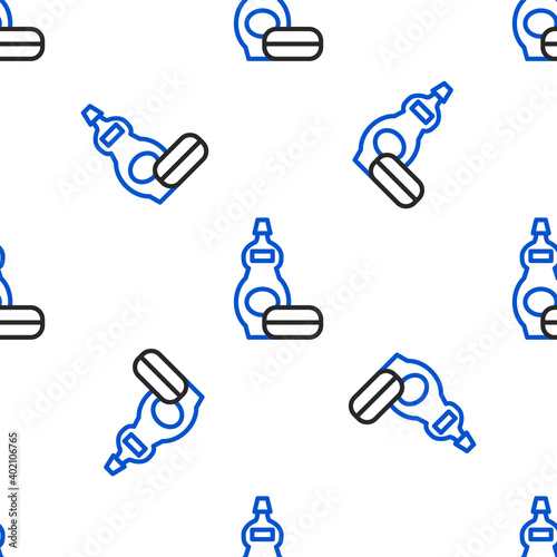 Line Dishwashing liquid bottle icon isolated seamless pattern on white background. Liquid detergent for washing dishes. Colorful outline concept. Vector.