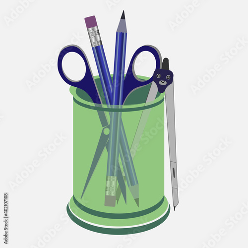 Stationery illustration.  Image of scissors, pencils and compasses in a container.  Office tools isolated on white