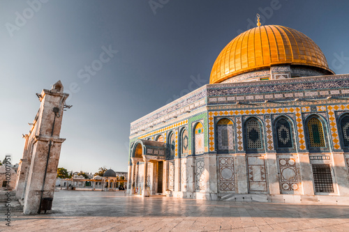 Jerusalem, Israel - June 12, 2019: Exterior view of the Dome of the Rock or Al Qubbat as-Sakhrah in Arabic. Located in Jerusalem, the monumental shrine is a sacred Islamic destination.