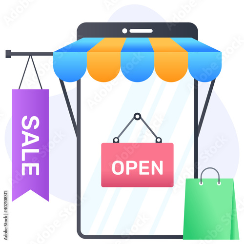 
A flat icon of shop open in flat trendy design
