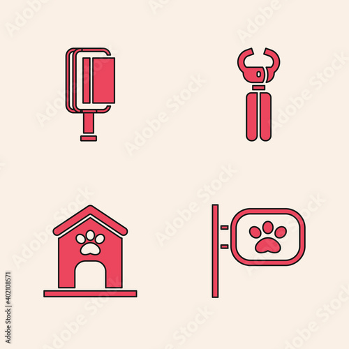 Set Pet grooming, Hair brush for dog and cat, nail clippers and Dog house paw print icon. Vector.