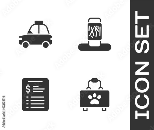 Set Pet first aid kit, car taxi, Grooming salon price list and Cat scratching post icon. Vector.