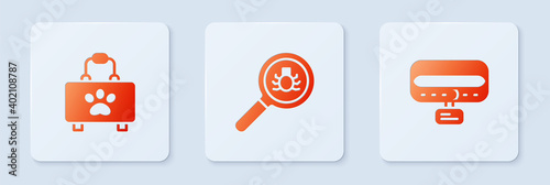 Set Flea search, Pet first aid kit and Collar with name tag. White square button. Vector.