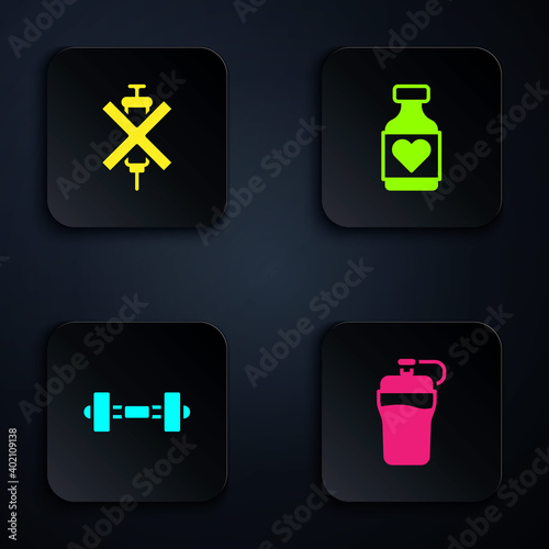 Set Fitness shaker, No doping syringe, Dumbbell and Vitamin pill. Black square button. Vector.