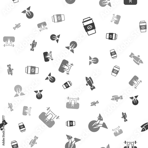 Set Coffee cup to go, Meditation, Fish and Bench with barbel on seamless pattern. Vector.