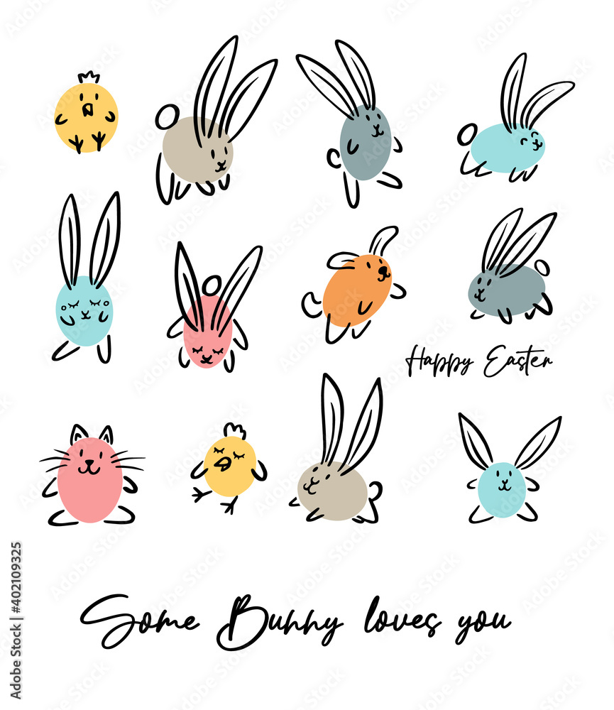 Cartoon doodle happy Easter sign card, egg, some bunny loves you, chicken, cat, dog. Vector doodle illustration. Black outline bunny ears. Cute easter funny hand drawn sketch on white background.