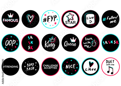 Birthday topper round circle shape. Youth teens party props. Modern advertising social media birthday celebration design. Tik icon fashion photo booth. Black blue pink tok sticker white background.