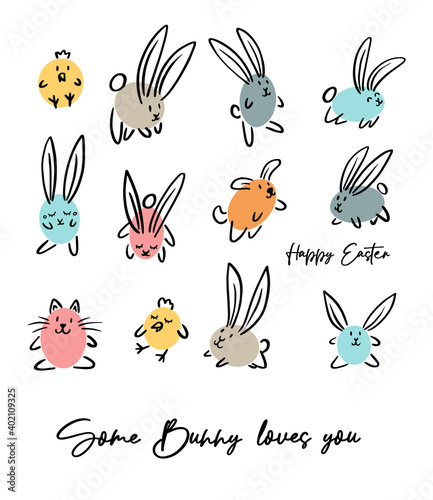 Cartoon doodle happy Easter sign card, egg, some bunny loves you, chicken, cat, dog. Vector doodle illustration. Black outline bunny ears. Cute easter funny hand drawn sketch on white background. © Sopelkin