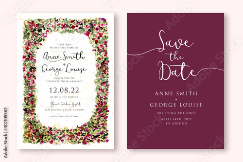 wedding invitation card with watercolor floral garden frame