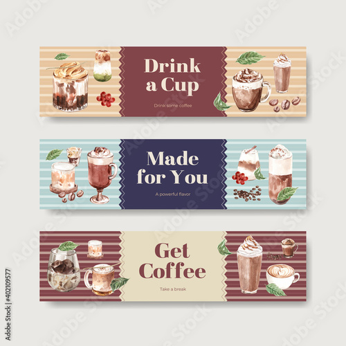 Banner template with Korean coffee style concept for advertise and marketing watercolor vector illustration