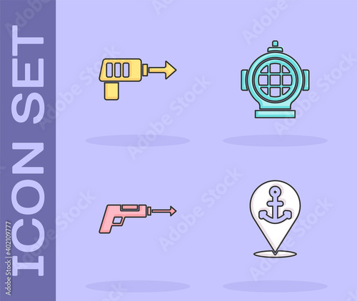 Set Location with anchor, Fishing harpoon, and Aqualung icon. Vector.