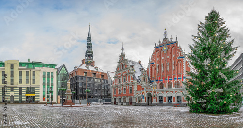 Town Hall square with House of the Blackheads and Christmas tree in winter, old town Riga, Latvia