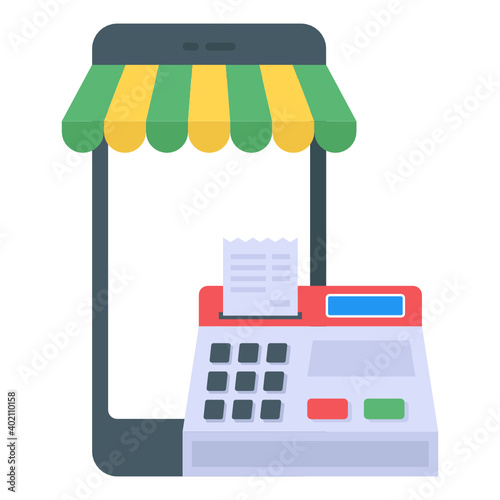 
Cash till with ecommerce inside cellphone, mobile pos machine flat vector design 
