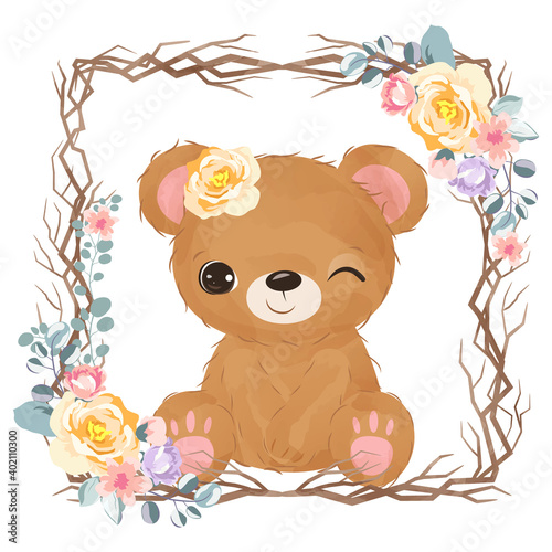 cute bear illustration in watercolor effect great for baby shower decoration and children prints.

