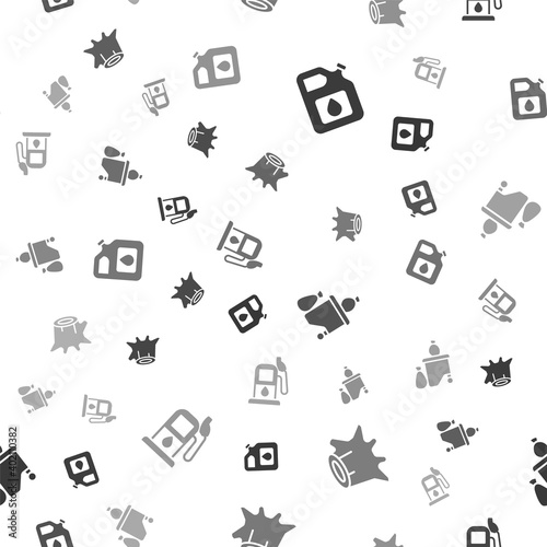 Set Canister for gasoline, Tree stump, Full dustbin and Petrol station on seamless pattern. Vector.