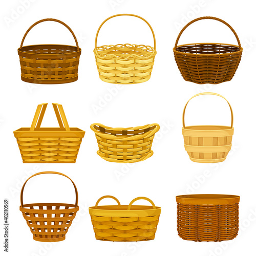Wicker Basket as Container Woven from Stiff Fiber Vector Set