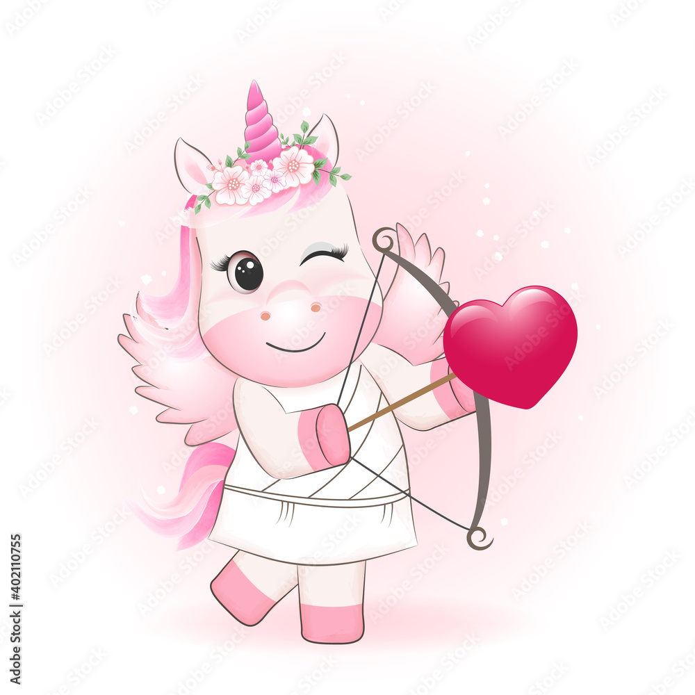 Little Cupid Unicorn and heart valentine's day concept illustration