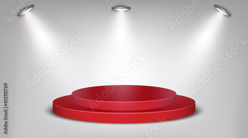 Red podium on gray background with spotlights illuminated illustration © kheat