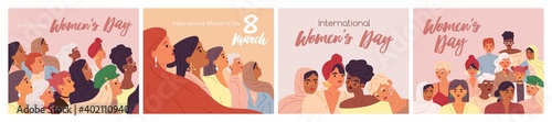 Set of card templates for International Women's Day with diverse multiethnic girls. Collection of modern card designs with 8 March inscription and place for text. Colorful flat vector illustration
