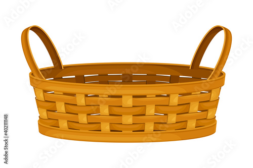 Woven Wicker Basket with Handle for Harvesting and Storage Vector Illustration