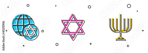 Set World Globe and Israel, Star of David and Hanukkah menorah icon. Vector.